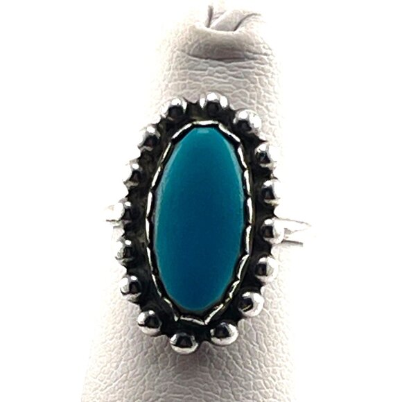 Vintage Sterling Silver Navajo Turquoise Ring With Scalloped Bezel Design Size 3 - Picture 10 of 10